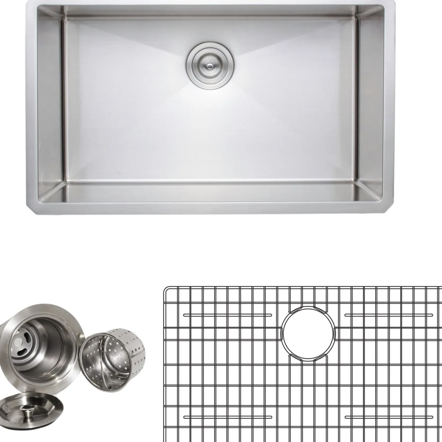 Clearance Handcrafted 30" 16-Gauge Undermount Single Bowl Stainless Steel Kitchen Sink with Grid Rack and Basket Strainer Stainless Steel Sinks|Single Bowl Sinks