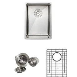 Clearance Handcrafted 14" 16-Gauge Undermount Elongated Stainless Steel Bar Sink with Grid Rack and Basket Strainer Bar / Prep Sinks