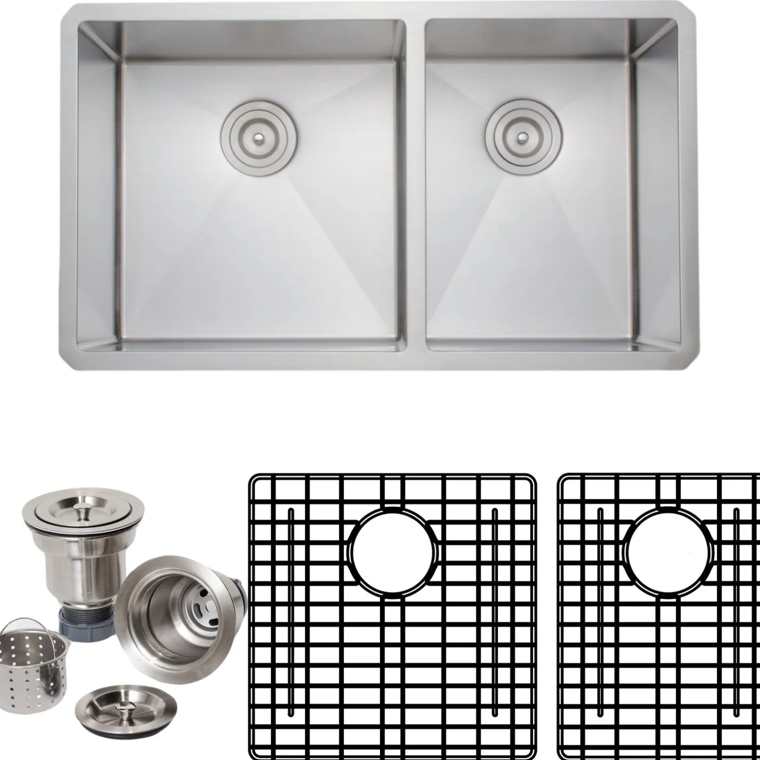 Sale Handcrafted 33" 16-Gauge Undermount 60/40 Double Bowl Stainless Steel Kitchen Sink with Grid Racks and Basket Strainers Stainless Steel Sinks|Double Bowl Sinks