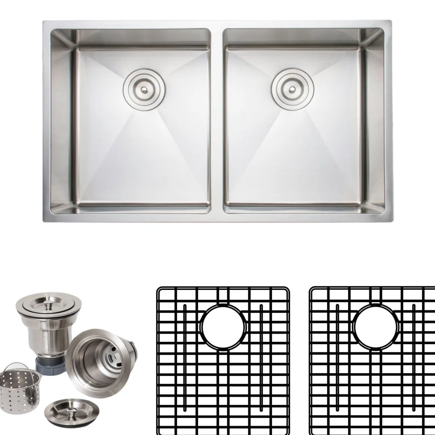 Clearance Handcrafted 33" 16-Gauge Undermount 50-50 Double Bowl Stainless Steel Kitchen Sink with Grid Rack and Basket Strainer Stainless Steel Sinks|Double Bowl Sinks