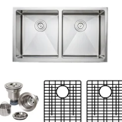 Discount Handcrafted 33" 16-Gauge Apron Front Farmhouse 50-50 Double Bowl Stainless Steel Kitchen Sink with Grid Rack and Basket Strainer Stainless Steel Sinks|Double Bowl Sinks