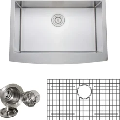 Hot Handcrafted 30" 16-Gauge Arched Apron Front Farmhouse Single Bowl Stainless Steel Kitchen Sink with Grid Rack and Basket Strainer Stainless Steel Sinks|Single Bowl Sinks