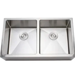 Discount Handcrafted 33" 16-Gauge Apron Front Farmhouse 50-50 Double Bowl Stainless Steel Kitchen Sink Stainless Steel Sinks|Double Bowl Sinks