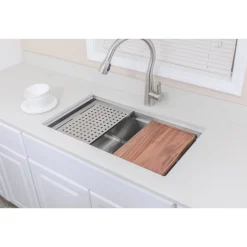 Best Handcrafted 32" Undermount Single Bowl Stainless Steel Kitchen Sink with Companion Stainless Steel Colander, Bottom Protection Grid Rack and Rubber Wood Cutting Board Workstation Sinks|Stainless Steel Sinks