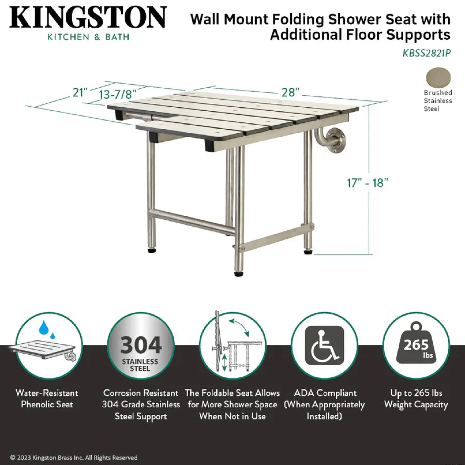 Outlet 28" x 21" Wall Mount Fold Down Shower Seat with Additional Floor Supports in Brushed Stainless Steel Shower Seats